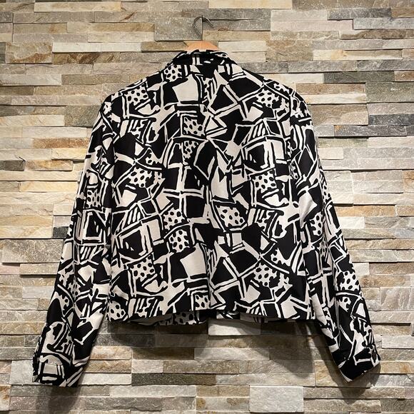 100% Silk Abstract Print Blazer Jacket M | Black White Art Statement Lined - Picture 2 of 8